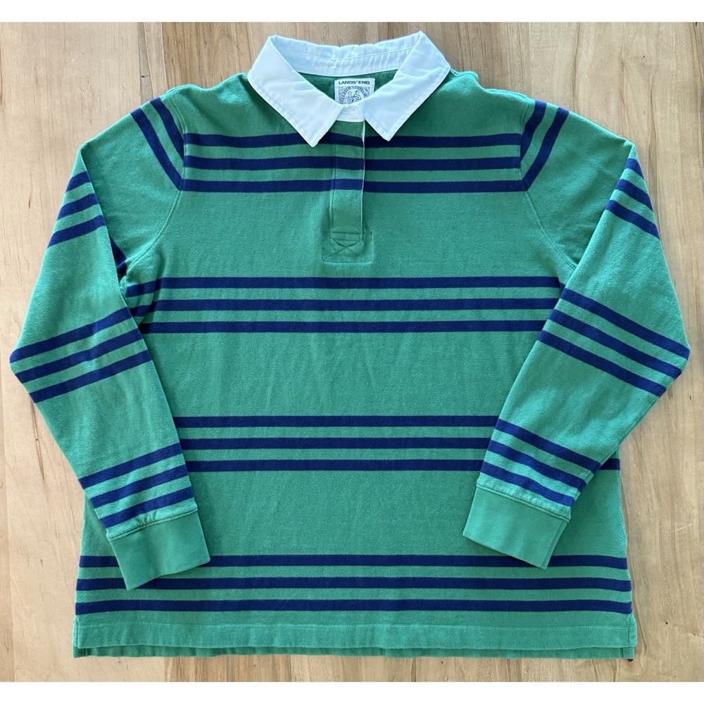 Lands End Rugby Polo Shirt Men's XL (18) Green Blue Stripe Collared Long Sleeve